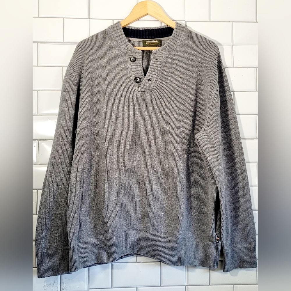 Eddie Bauer Mens Gray 100% Cotton Heavy Knit Winter Sweater Henley Style Elastic